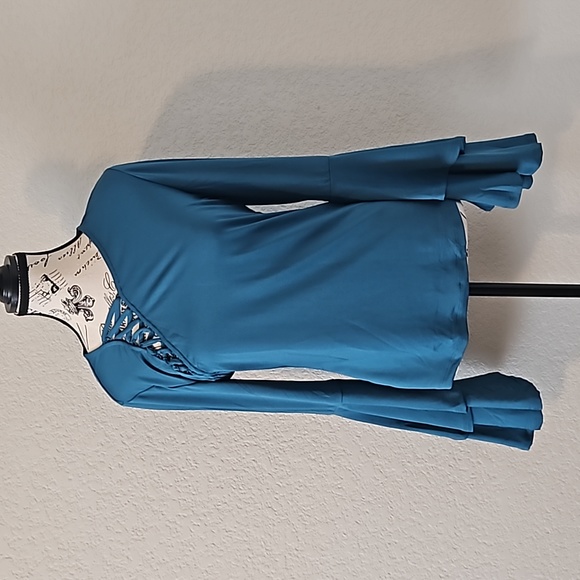 Teal Blouse With Faux Lace-up Detail And Big Bell Teired Sleeves - Picture 1 of 8